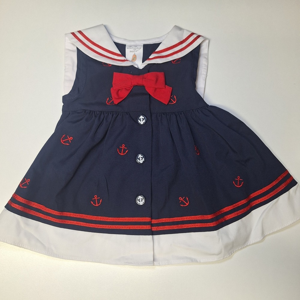 Starting‎ Out Baby Girls Nautical Sailor Dress Navy White Red Anchor Bow 6M